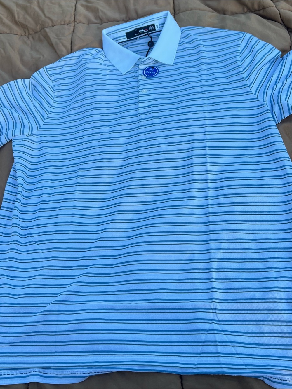 NWT RLX Ralph Lauren Light Blue/Green/White Striped Wicking Polo Old Money Golf